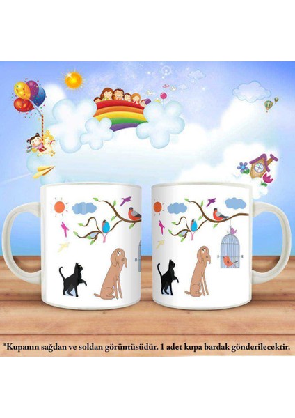 Asil Hediyelik Çocuklara Özel Karakterli Çift Yön Baskılı Sevimli Kedi-Köpek-Kuş Kupa Bardak