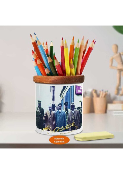 Liderlerle Mustafa Kemal Atatürk Ahşap Seramik Kalemlik -R69