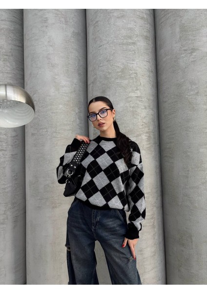 Oversize Baklava Desenli Triko Kazak