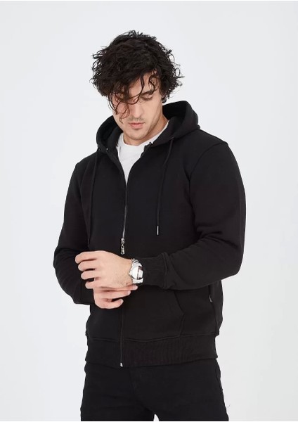 Unisex Tam Fermuarlı Kapşonlu Sweatshirt - Siyah