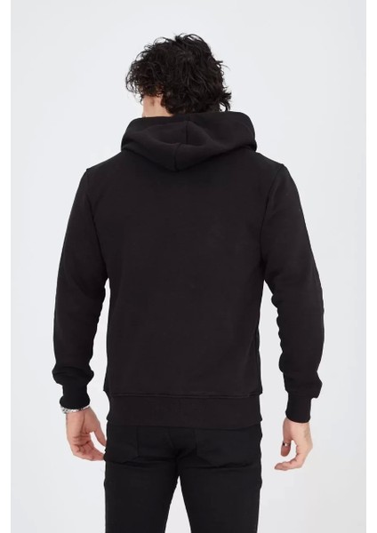 Unisex Tam Fermuarlı Kapşonlu Sweatshirt - Siyah