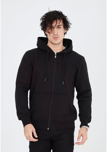 Unisex Tam Fermuarlı Kapşonlu Sweatshirt - Siyah