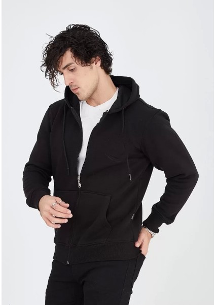 Unisex Tam Fermuarlı Kapşonlu Sweatshirt - Siyah