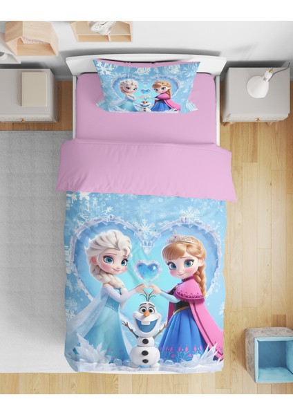 Elsa ve Anna Frozen 3D Dijital Tek Kişilik Nevresim Takımı Bebek Kız Nevresim Takımı