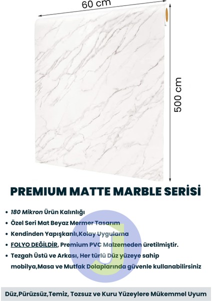 Kendinden Yapışkanlı Mat Mermer Desen Folyo Mutfak Banyo Tezgah Duvar Kaplama 60 cm x 500 cm Beyaz