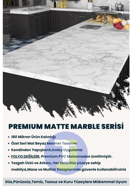 Kendinden Yapışkanlı Mat Mermer Desen Folyo Mutfak Banyo Tezgah Duvar Kaplama 60 cm x 500 cm Beyaz