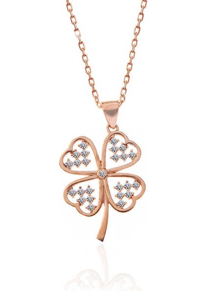 925 Ayar Gümüş Rose Kalpli Dört Yapraklı Yonca Kadın Kolye modelleri