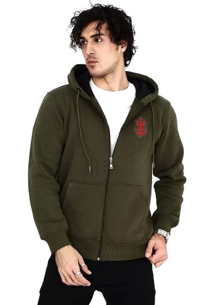 Unisex Baskılı Tam Fermuarlı Kapşonlu Sweatshirt - Haki
