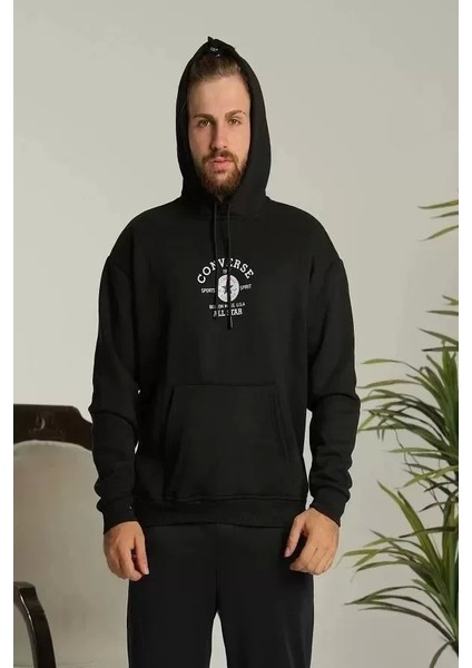 Unisex Kapüşonlu Üç Iplik Oversize Baskılı Sweatshirt - Siyah