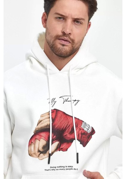 Unisex Kapüşonlu Üç Iplik Oversize Baskılı Sweatshirt - Beyaz