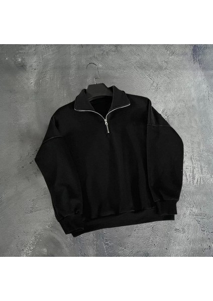 Erkek Yarım Fermuarlı Üç Iplik Sweatshirt - Siyah