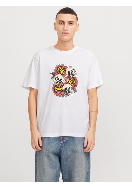 Jack Jones Joranatomy Skull Tee Ss Crew Neck Ln Erkek Beyaz Tshirt 12272966-01