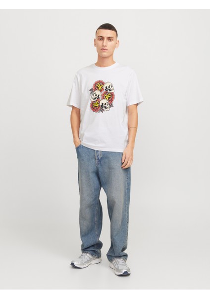 Jack Jones Joranatomy Skull Tee Ss Crew Neck Ln Erkek Beyaz Tshirt 12272966-01 fırsatları