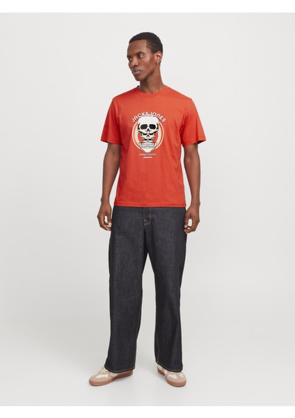 Jack Jones Joranatomy Skull Tee Ss Crew Neck Ln Erkek Turuncu Tshirt 12272966-23 fırsatları