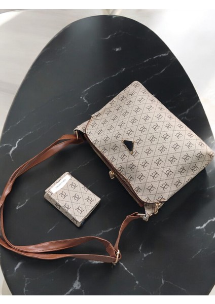 Vizon - Desenli Cüzdan Kombinli Üç Gözlü , Omuz Çanta