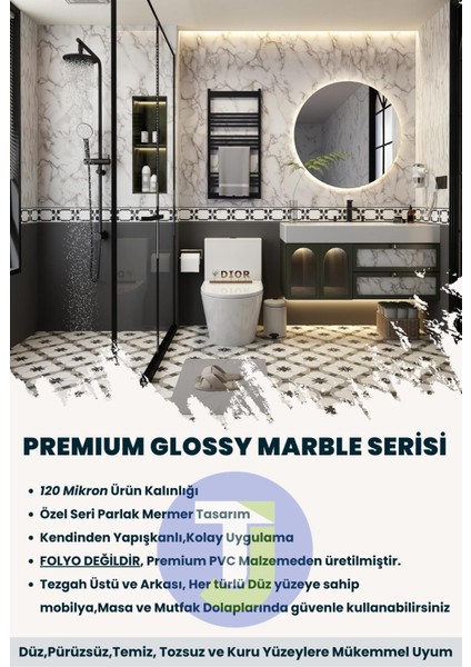 Kendinden Yapışkanlı Mermer Desen Folyo Mutfak Banyo Tezgah Duvar Kaplama 60 cm x 500 cm Beyaz