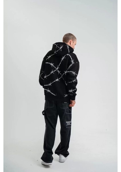 Unisex Kapşonlu Varak ve Pano Baskılı Sweatshirt- Siyah