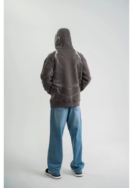 Double Oversize Kapşonlu Şimşek Pano Baskılı Sweatshirt - Füme