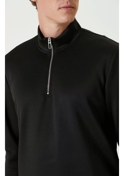 Unisex Uzun Kol Yarım Farmuarlı Yakalı Basic Sweatshirt - Siyah