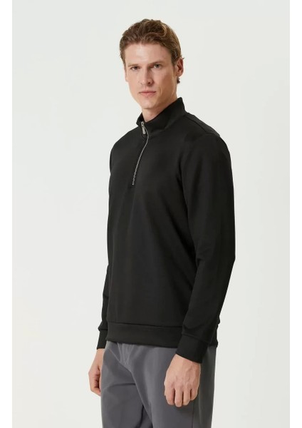 Unisex Uzun Kol Yarım Farmuarlı Yakalı Basic Sweatshirt - Siyah
