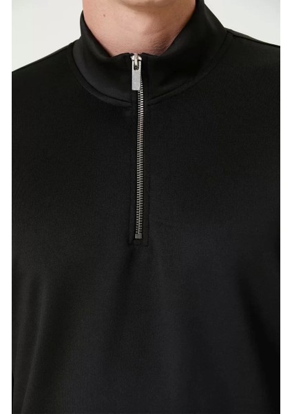 Unisex Uzun Kol Yarım Farmuarlı Yakalı Basic Sweatshirt - Siyah
