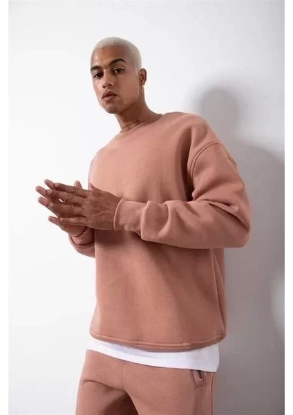 Unisex Biskilet Yaka Üç Iplik Sweatshirt - Pembe