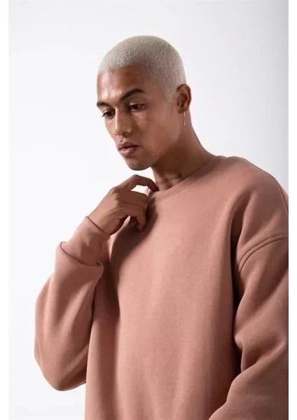 Unisex Biskilet Yaka Üç Iplik Sweatshirt - Pembe