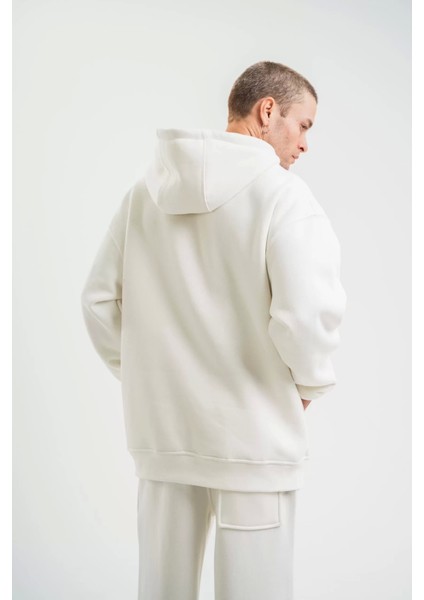 Unisex Double Oversize Kapşonlu Basic Sweatshirt - Beyaz