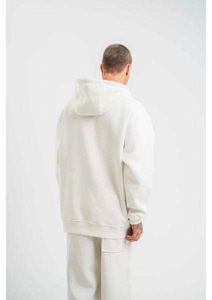 Unisex Double Oversize Kapşonlu Basic Sweatshirt - Beyaz