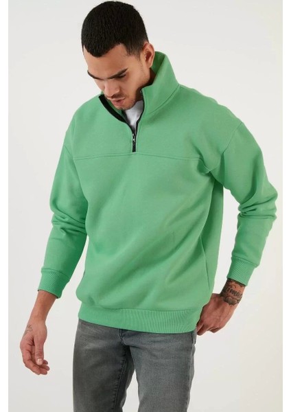Oversize Yarım Farmuarlı Yakalı Basic Sweatshirt - Yeşil