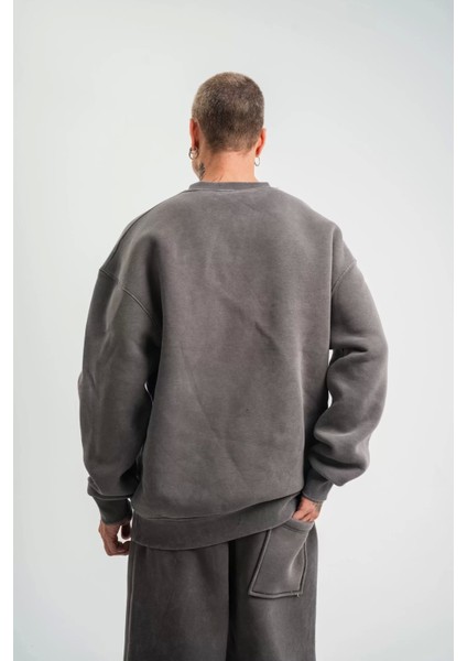 Unisex Uzun Kol Bisiklet Yaka Yıkamalı Sweatshirt - Füme