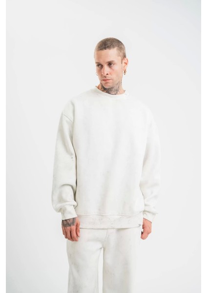 Unisex Uzun Kol Bisiklet Yaka Yıkamalı Sweatshirt - Beyaz