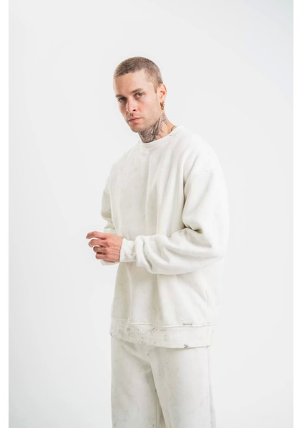 Unisex Uzun Kol Bisiklet Yaka Yıkamalı Sweatshirt - Beyaz