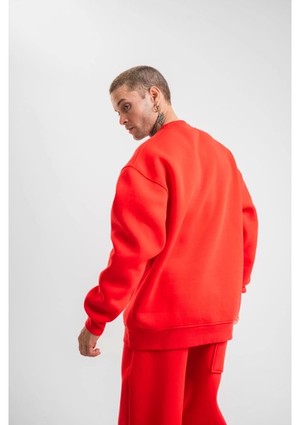 Uzun Kol Bisiklet Yaka Basic Sweatshirt - Kırmızı