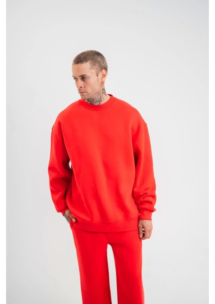 Uzun Kol Bisiklet Yaka Basic Sweatshirt - Kırmızı