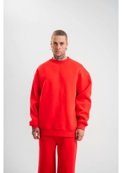 Uzun Kol Bisiklet Yaka Basic Sweatshirt - Kırmızı