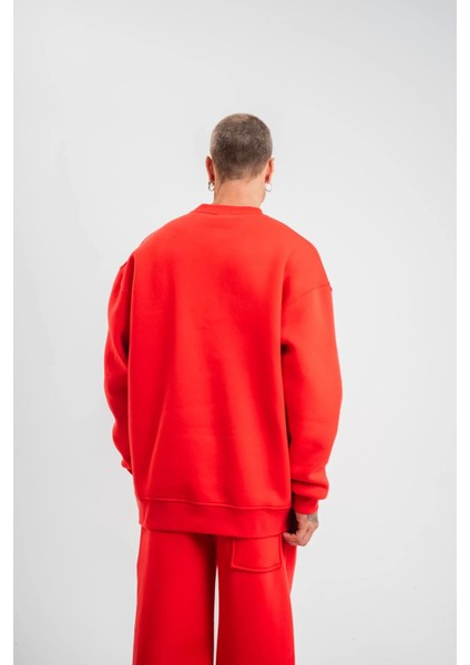 Uzun Kol Bisiklet Yaka Basic Sweatshirt - Kırmızı
