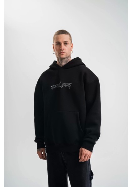 Unisex Üç Iplik Kapşonlu Nakışlı Sweatshirt - Siyah