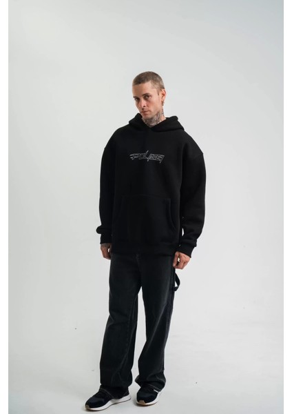 Unisex Üç Iplik Kapşonlu Nakışlı Sweatshirt - Siyah