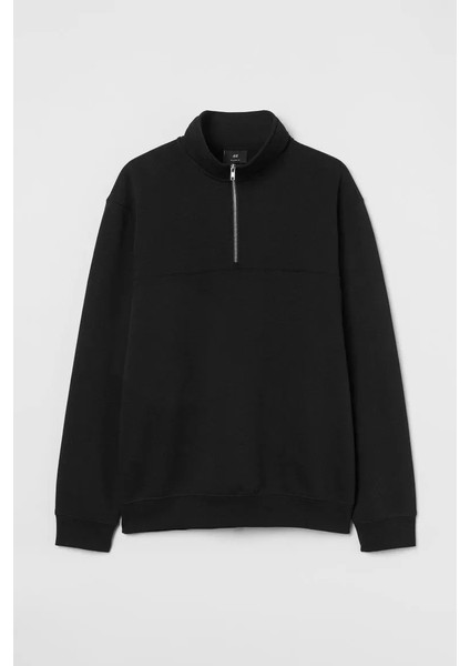 Oversize Yarım Farmuarlı Yakalı Basic Sweatshirt - Siyah
