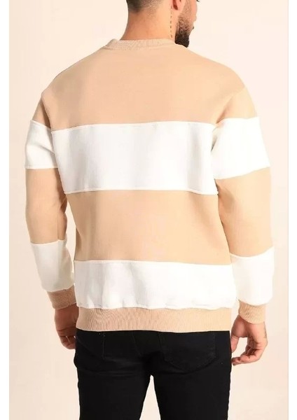 Parçalı Bisiklet Yaka Baskılı Sweatshirt - Bej