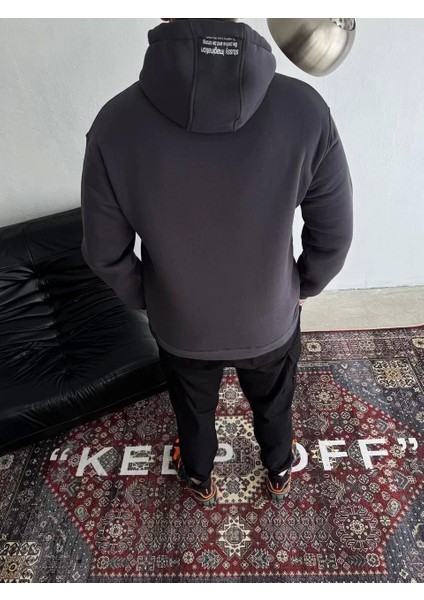 Üç Iplik Kapşonlu Baskılı Sweatshirt - Füme
