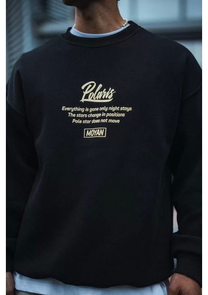 Kışlık Bisiklet Yaka Ön ve Arka Baskılı Sweatshirt - Siyah