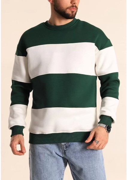 Parçalı Bisiklet Yaka Baskılı Sweatshirt - Yeşil