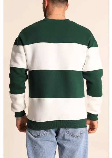 Parçalı Bisiklet Yaka Baskılı Sweatshirt - Yeşil
