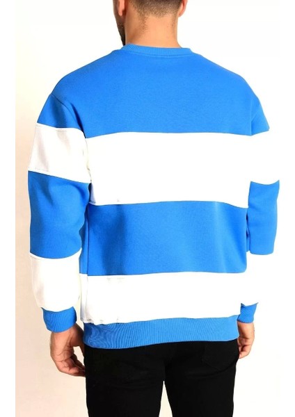 Parçalı Bisiklet Yaka Baskılı Sweatshirt - Mavi