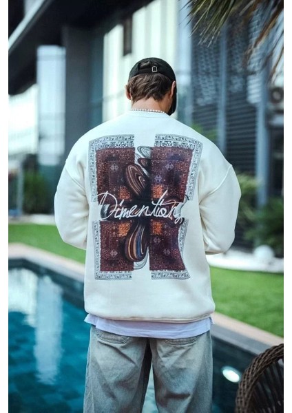 Uzun Kol Bisiklet Yaka Ön ve Arka Baskılı Sweatshirt - Beyaz