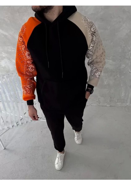 Üç Iplik Penye Kapşonlu Parçalı Sweatshirt - Siyah