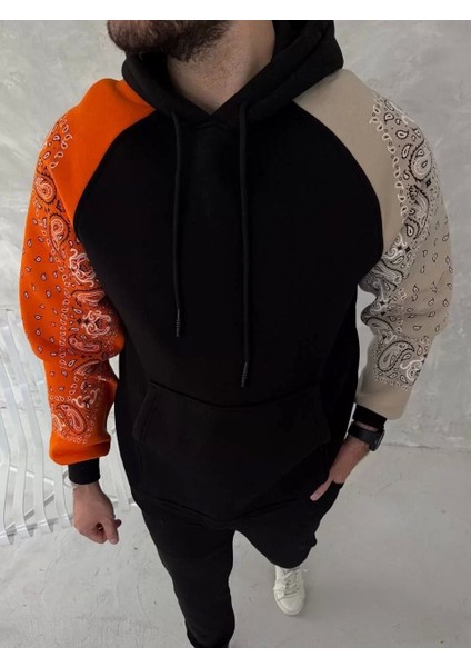 Üç Iplik Penye Kapşonlu Parçalı Sweatshirt - Siyah