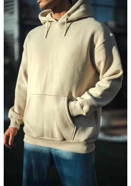 Üç Iplik Penye Kapşonlu Basic Sweatshirt - Bej